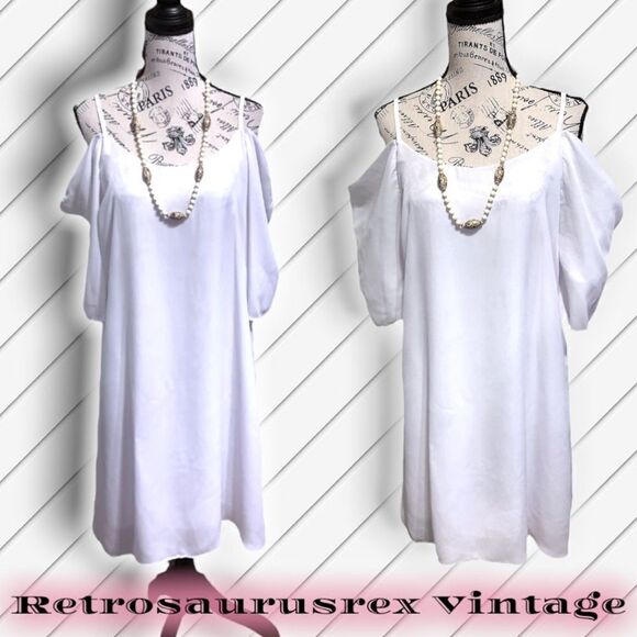PETRO Nila Cold Shoulder White Semi Sheer Chiffon Mini Dress, Large
